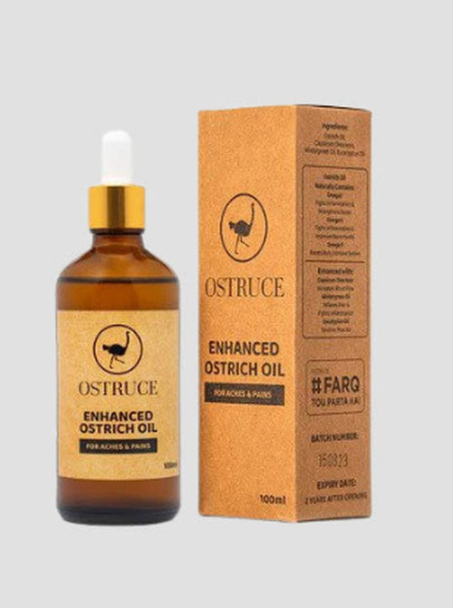 OSTRUCE Enhanced Ostrich Oil 100ml amber dropper bottle beside its printed carton