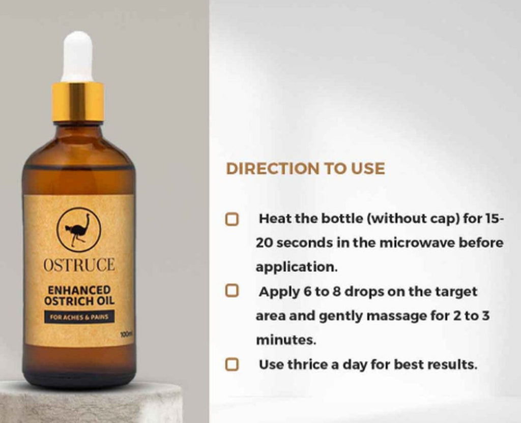 How to use OSTRUCE Enhanced Ostrich Oil: warm the bottle, apply 6 to 8 drops, massage 2 to 3 minutes